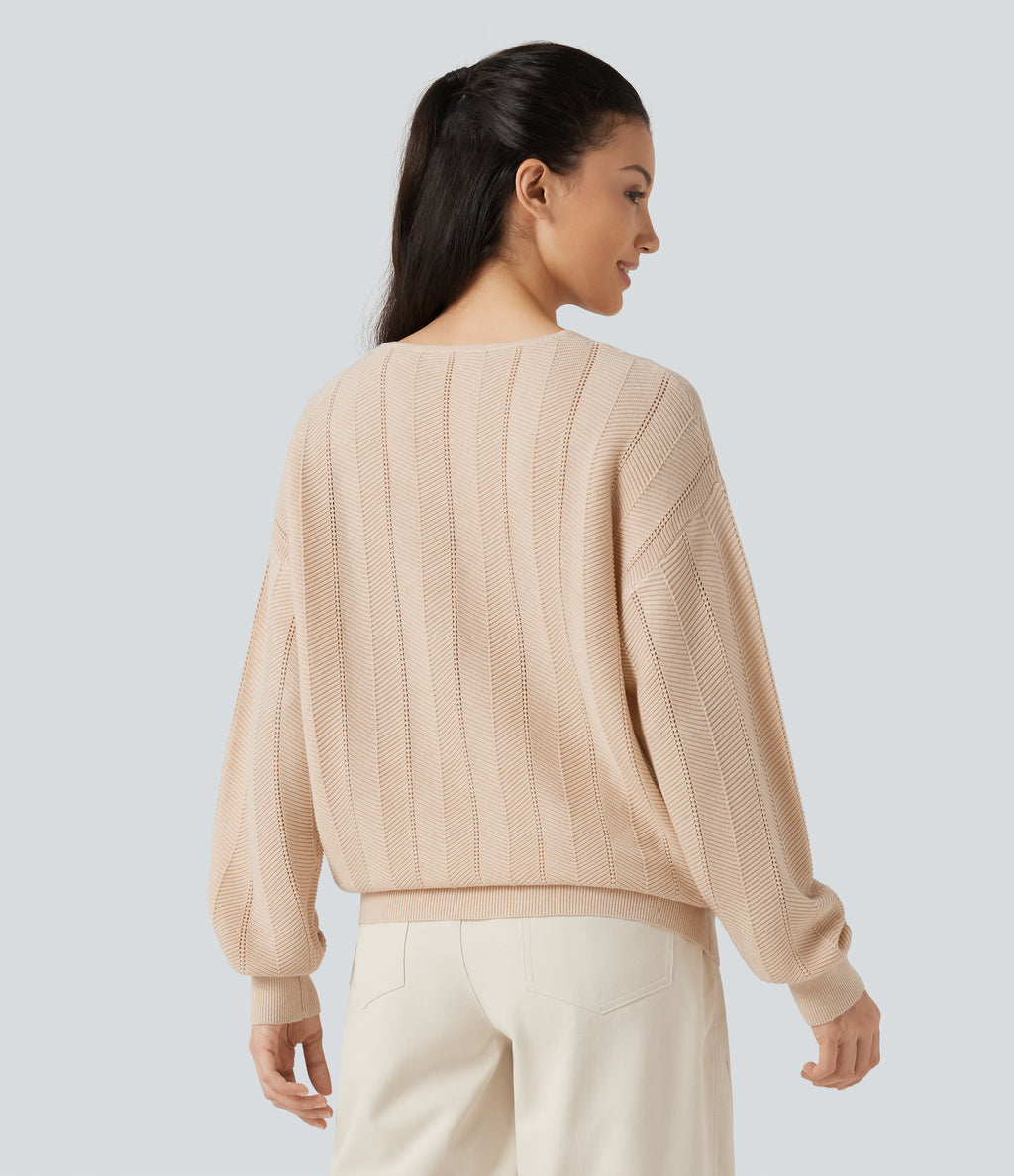 V Neck Long Sleeve Casual Wool-Blend Jumper — Almond Peach — view 2