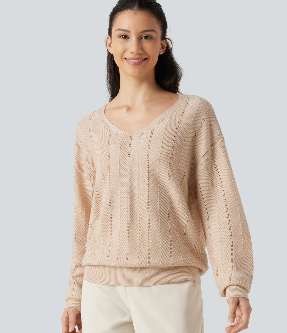 V Neck Long Sleeve Casual Wool-Blend Jumper — Almond Peach — view 1