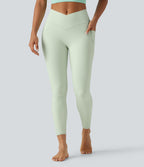 High Waisted Crossover Plain Yoga Leggings with Pockets — Dusty Aqua — view 1