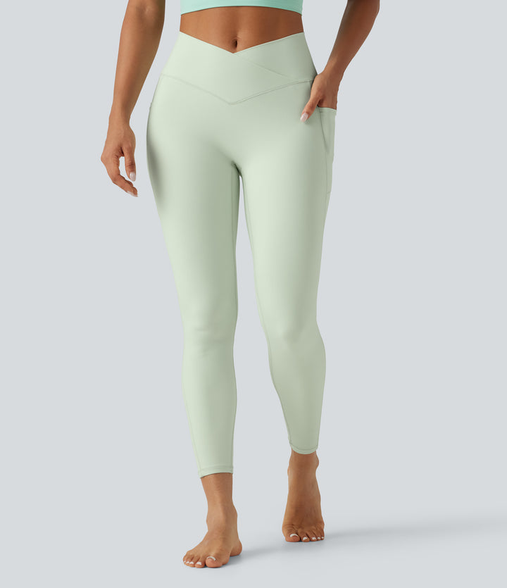 High Waisted Crossover Plain Yoga Leggings with Pockets — Dusty Aqua — view 1