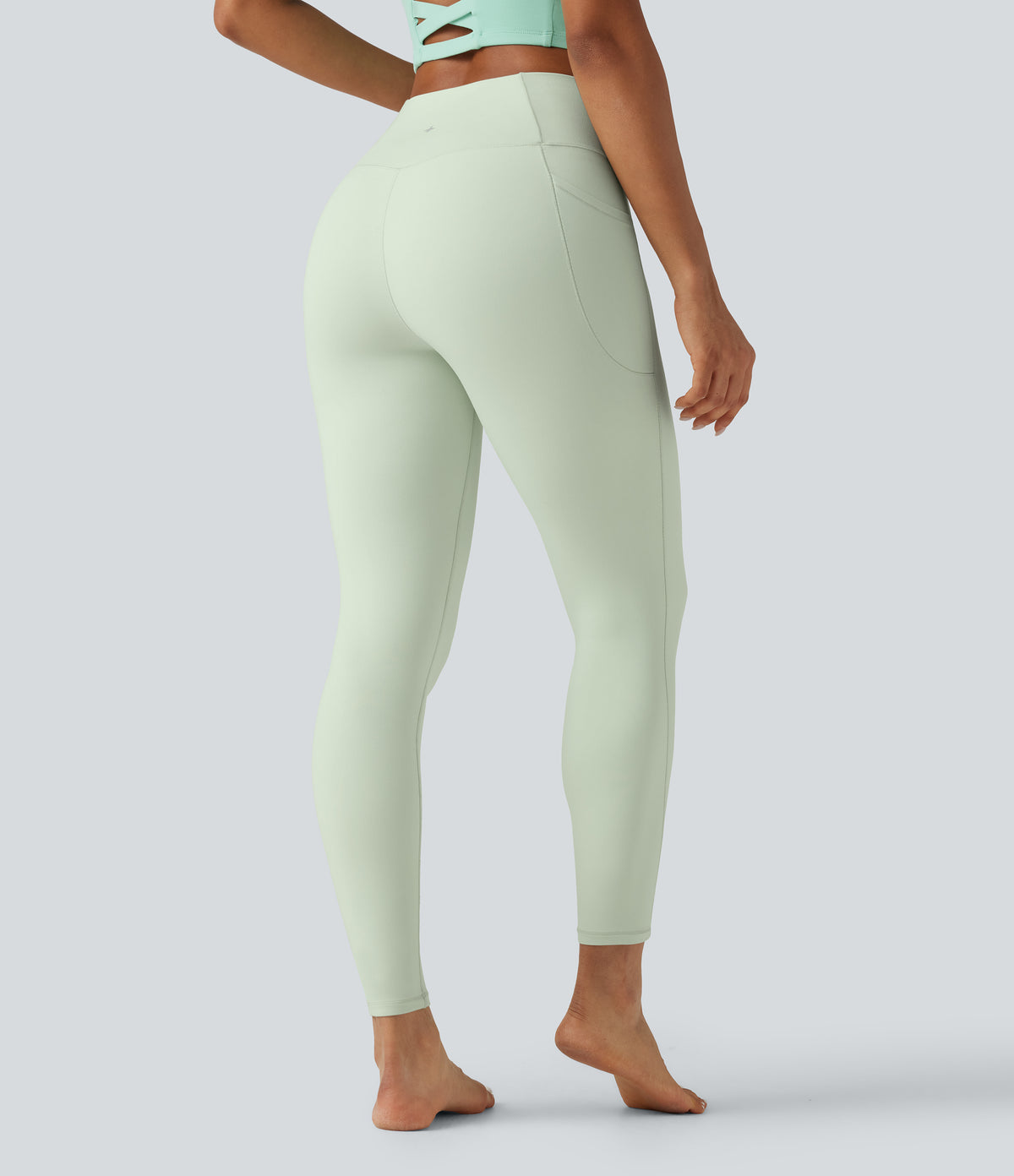 High Waisted Crossover Plain Yoga Leggings with Pockets — Dusty Aqua — view 2