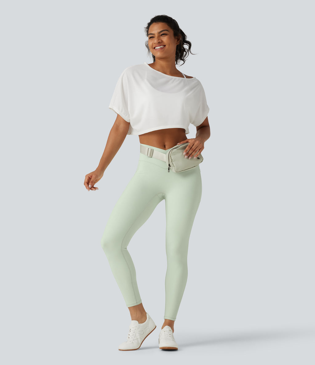 High Waisted Crossover Plain Yoga Leggings with Pockets — Dusty Aqua — view 8