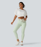High Waisted Crossover Plain Yoga Leggings with Pockets — Dusty Aqua — view 8