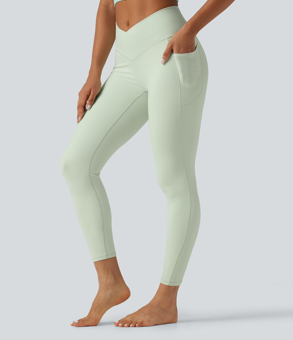 High Waisted Crossover Plain Yoga Leggings with Pockets — Dusty Aqua — view 3