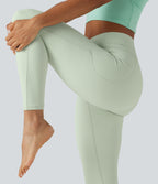 High Waisted Crossover Plain Yoga Leggings with Pockets — Dusty Aqua — view 6