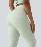High Waisted Crossover Plain Yoga Leggings with Pockets — Dusty Aqua — view 5