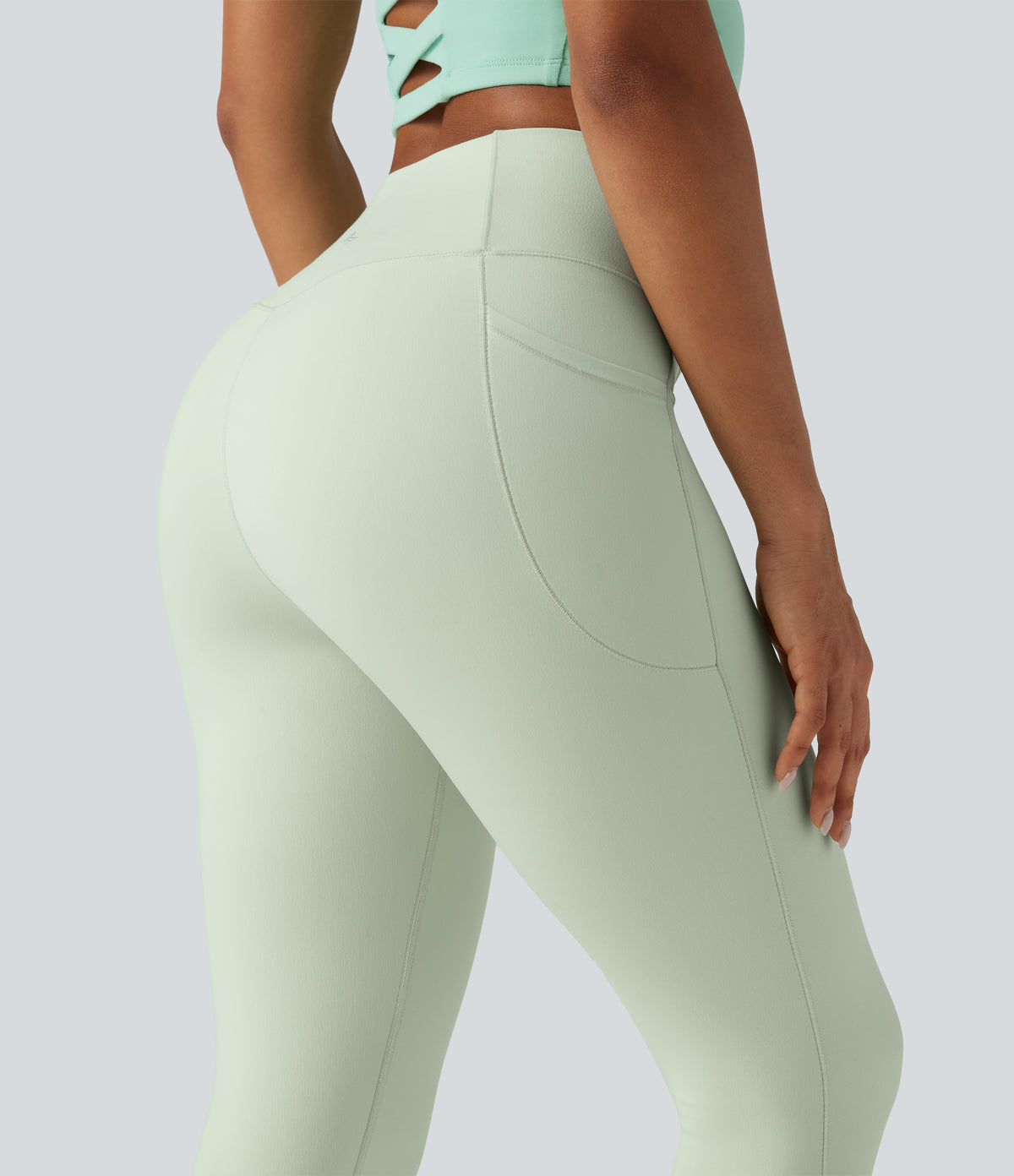 High Waisted Crossover Plain Yoga Leggings with Pockets — Dusty Aqua — view 5