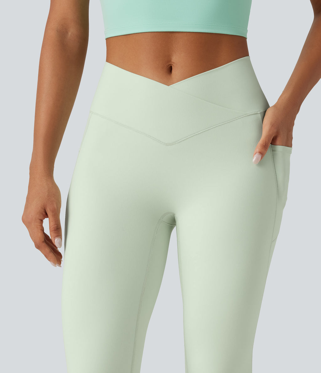 High Waisted Crossover Plain Yoga Leggings with Pockets — Dusty Aqua — view 4