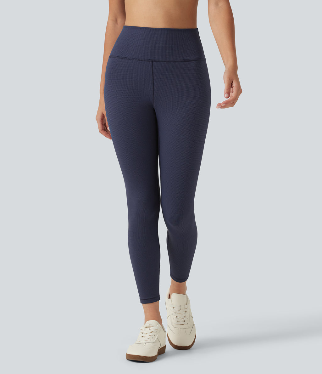High Waisted Waffle Casual Leggings — Peacoat — view 3
