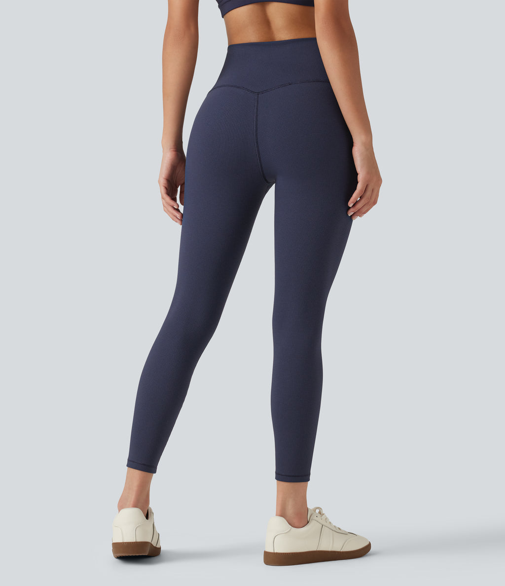 High Waisted Waffle Casual Leggings — Peacoat — view 2