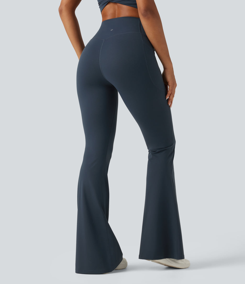 High Waisted Crossover Tummy Control Flare Workout Leggings with Pockets — Carbon — view 2