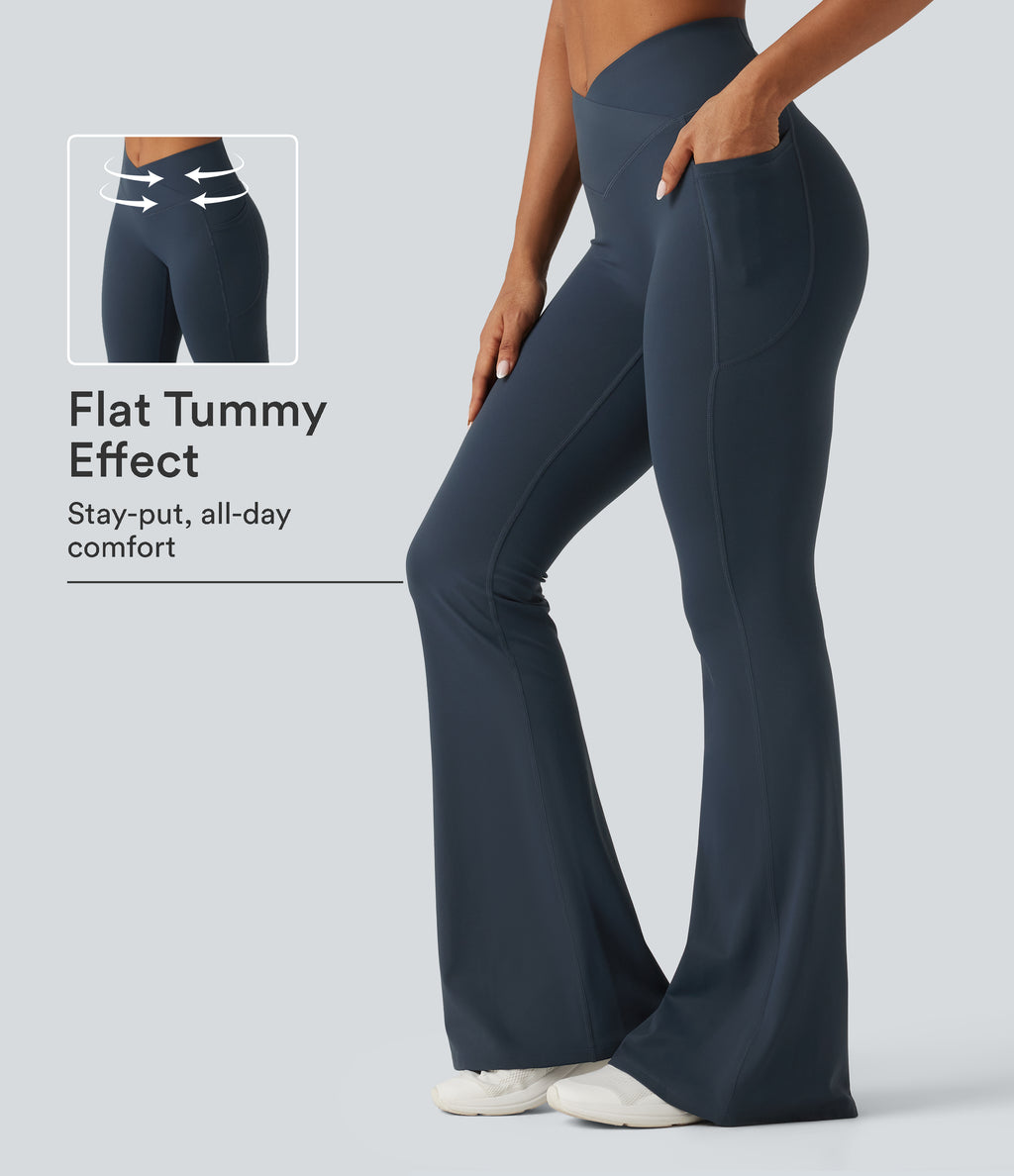 High Waisted Crossover Tummy Control Flare Workout Leggings with Pockets — Carbon — view 1