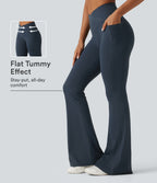 High Waisted Crossover Tummy Control Flare Workout Leggings with Pockets — Carbon — view 1