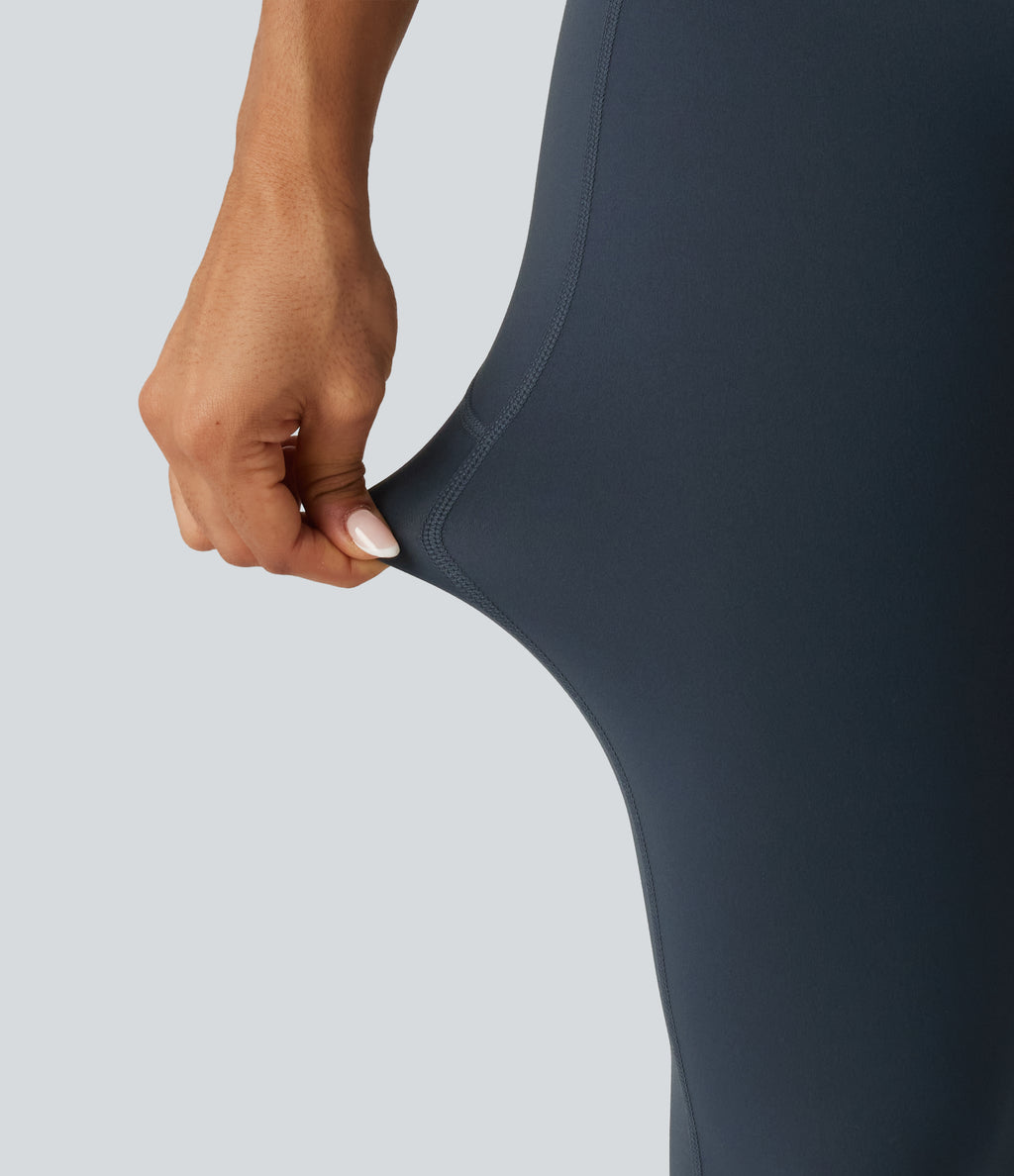 High Waisted Crossover Tummy Control Flare Workout Leggings with Pockets — Carbon — view 8