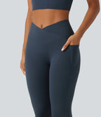 High Waisted Crossover Tummy Control Flare Workout Leggings with Pockets — Carbon — view 4