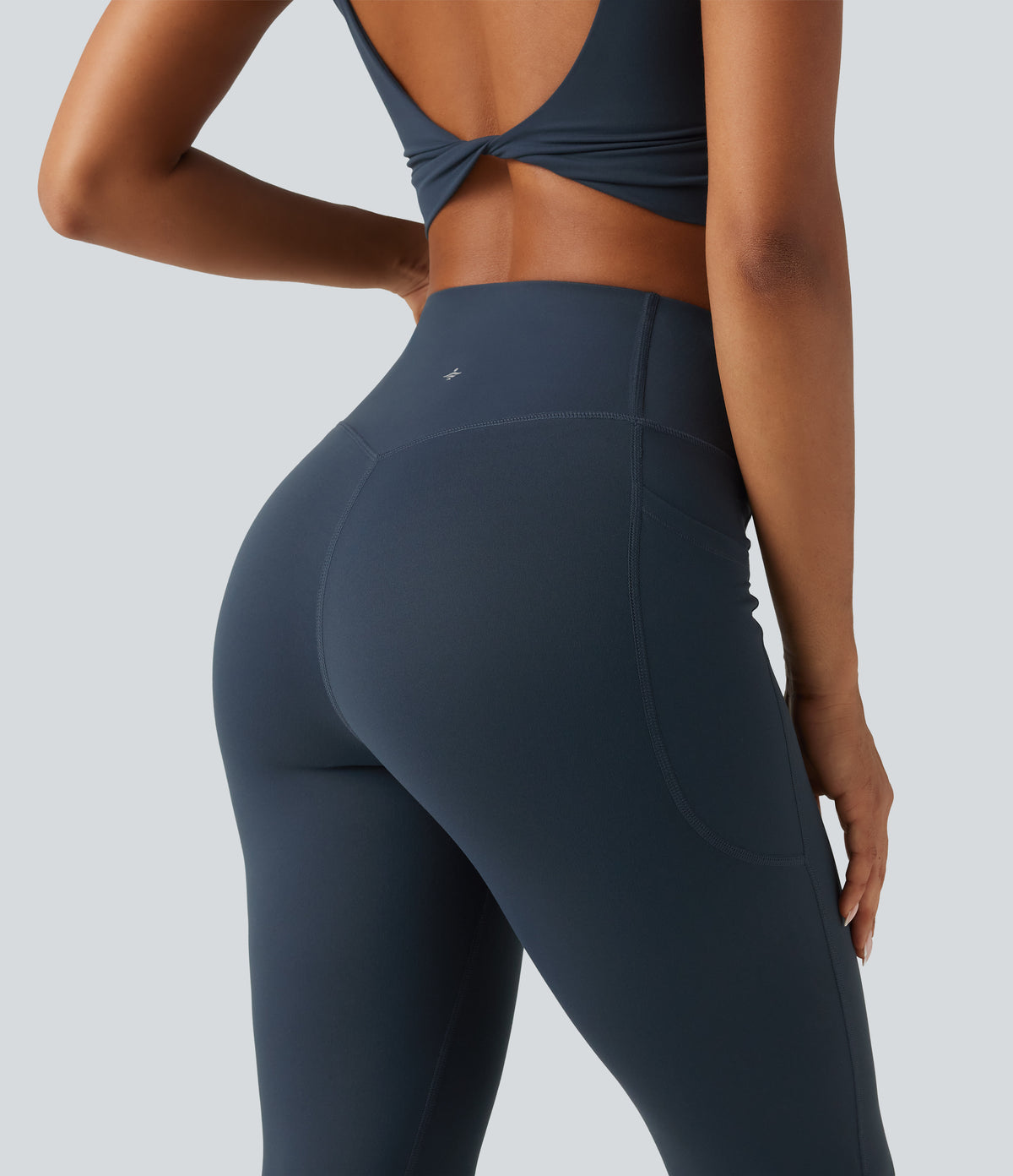 High Waisted Crossover Tummy Control Flare Workout Leggings with Pockets — Carbon — view 5