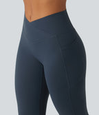 High Waisted Crossover Tummy Control Flare Workout Leggings with Pockets — Carbon — view 6