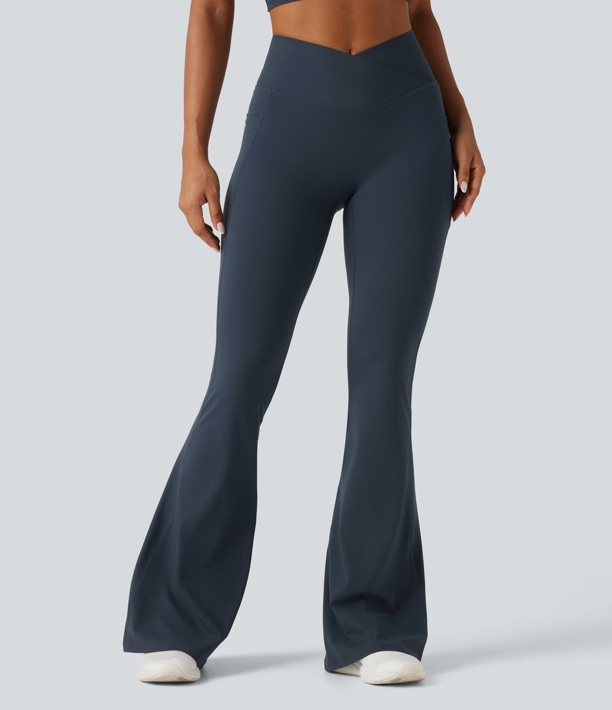 High Waisted Crossover Tummy Control Flare Workout Leggings with Pockets — Carbon — view 3