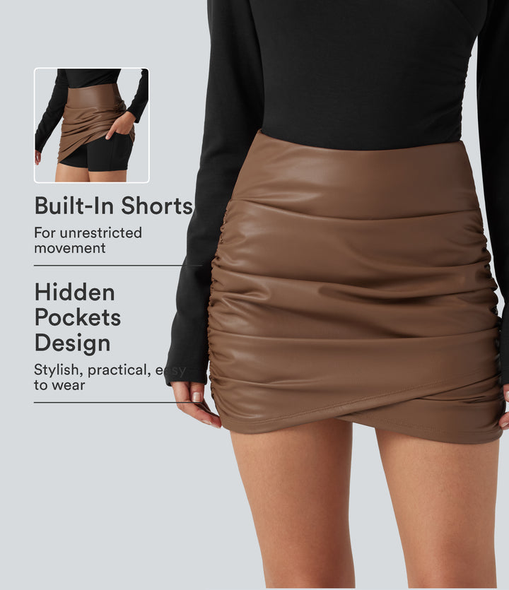 High Waisted Tummy Control Ruched Crossover Hem 2-in-1 Bodycon Fleece Mini PU Leather Skirt with Pockets — Rustic Brown — view 1