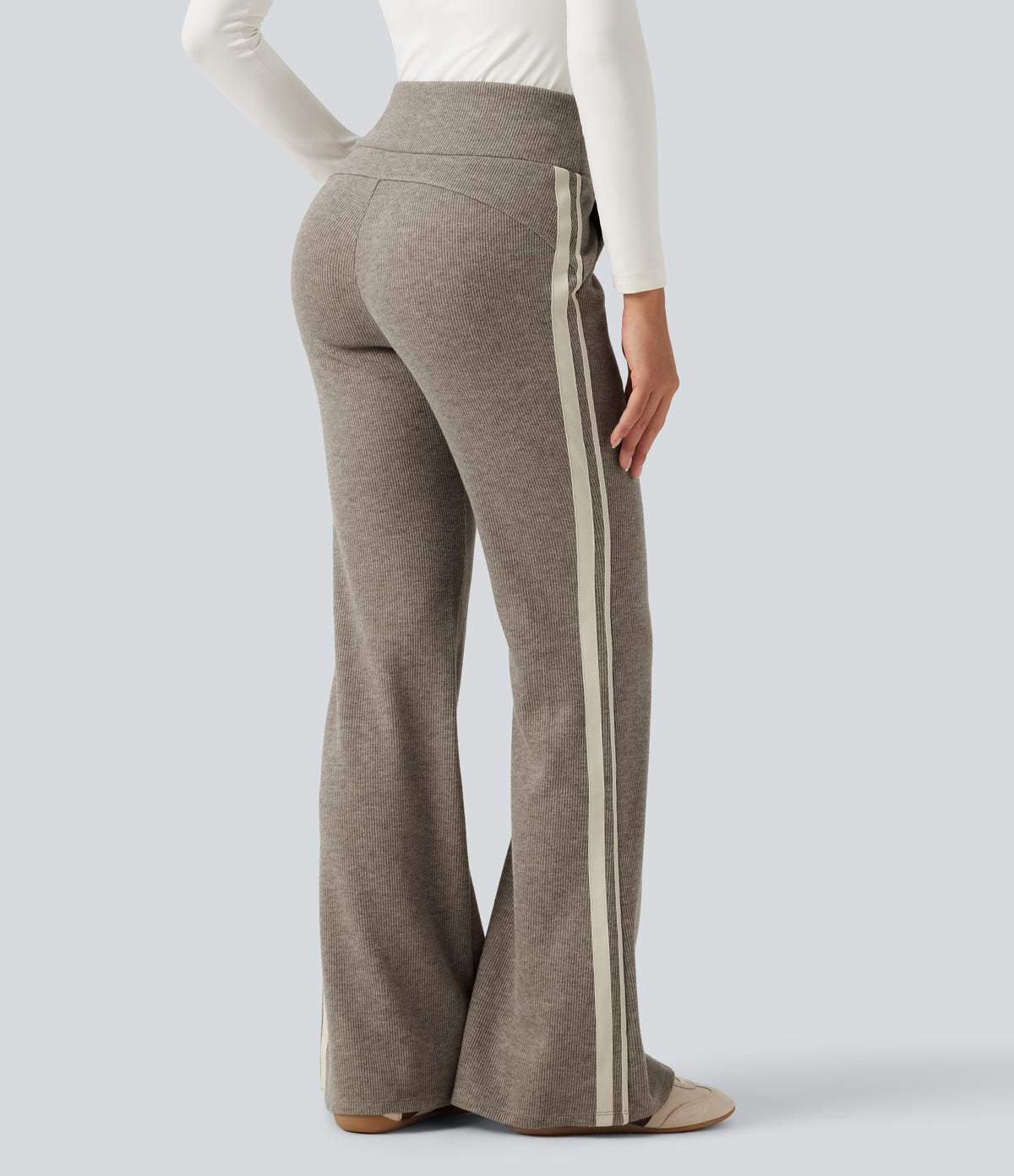 Ribbed High Waisted Tummy Control Drawstring Side Stripe Flare Casual Trousers with Pockets — Taupe Stripe — view 1