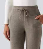 Ribbed High Waisted Tummy Control Drawstring Side Stripe Flare Casual Trousers with Pockets — Taupe Stripe — view 4