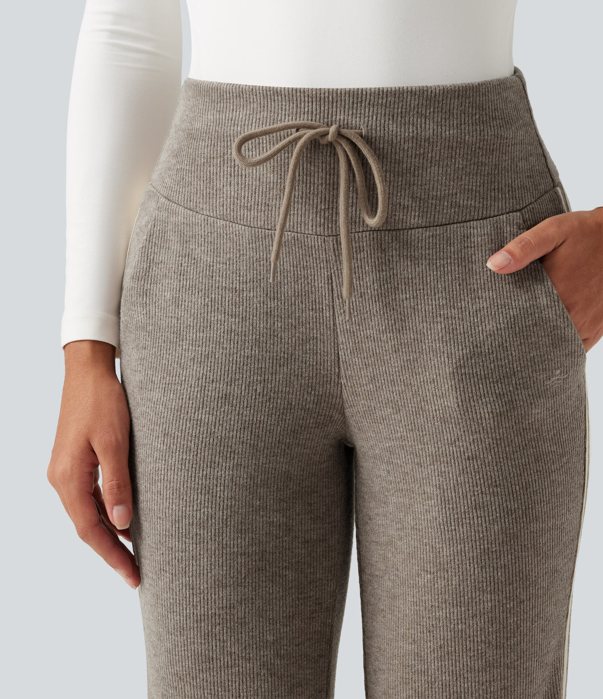 Ribbed High Waisted Tummy Control Drawstring Side Stripe Flare Casual Trousers with Pockets — Taupe Stripe — view 4