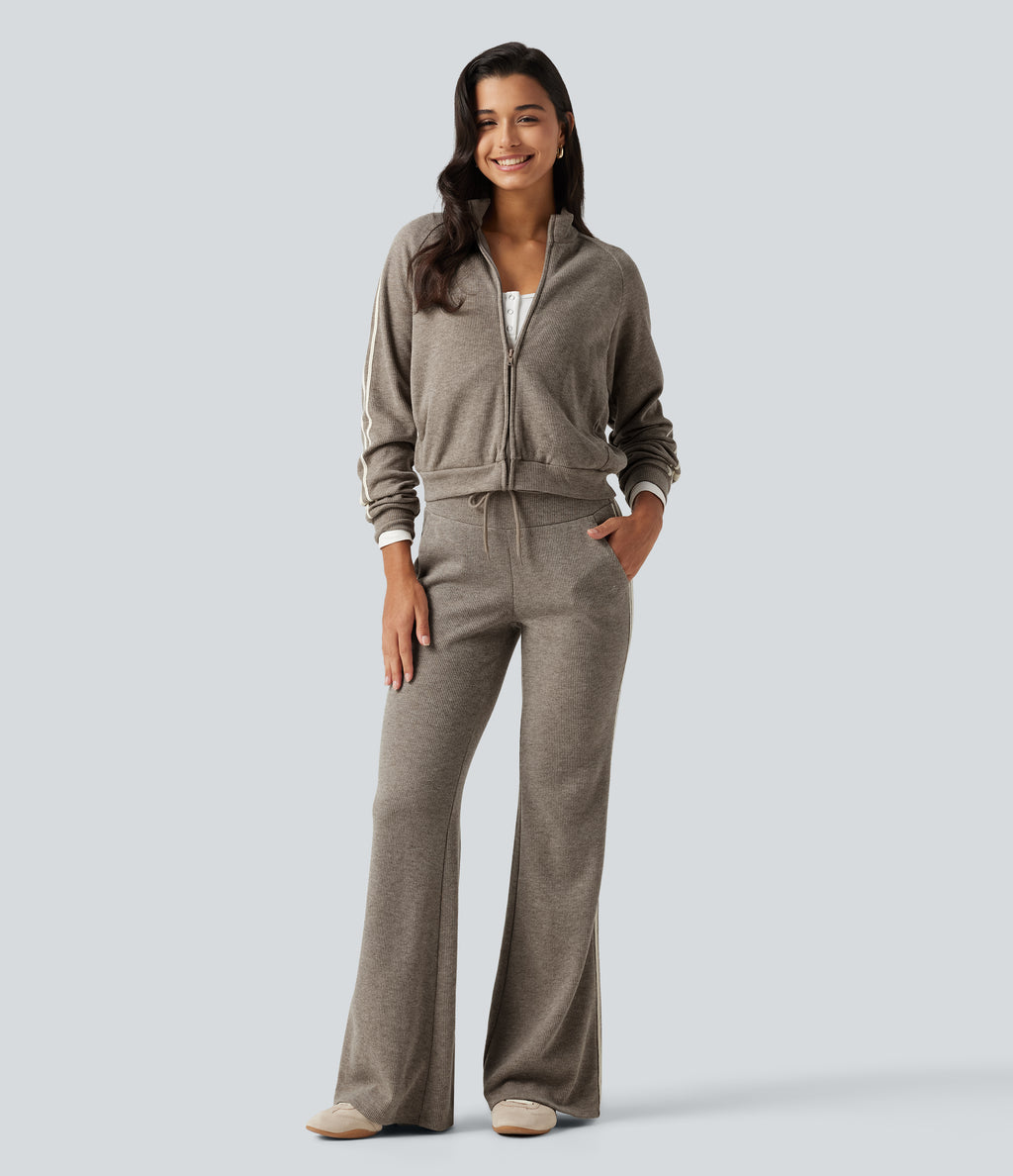 Ribbed High Waisted Tummy Control Drawstring Side Stripe Flare Casual Trousers with Pockets — Taupe Stripe — view 6