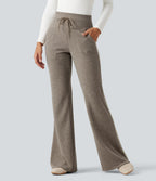 Ribbed High Waisted Tummy Control Drawstring Side Stripe Flare Casual Trousers with Pockets — Taupe Stripe — view 2
