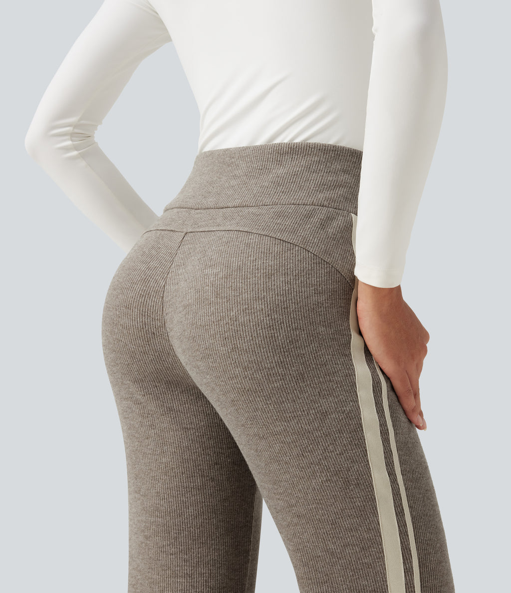 Ribbed High Waisted Tummy Control Drawstring Side Stripe Flare Casual Trousers with Pockets — Taupe Stripe — view 3