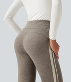 Ribbed High Waisted Tummy Control Drawstring Side Stripe Flare Casual Trousers with Pockets — Taupe Stripe — view 3