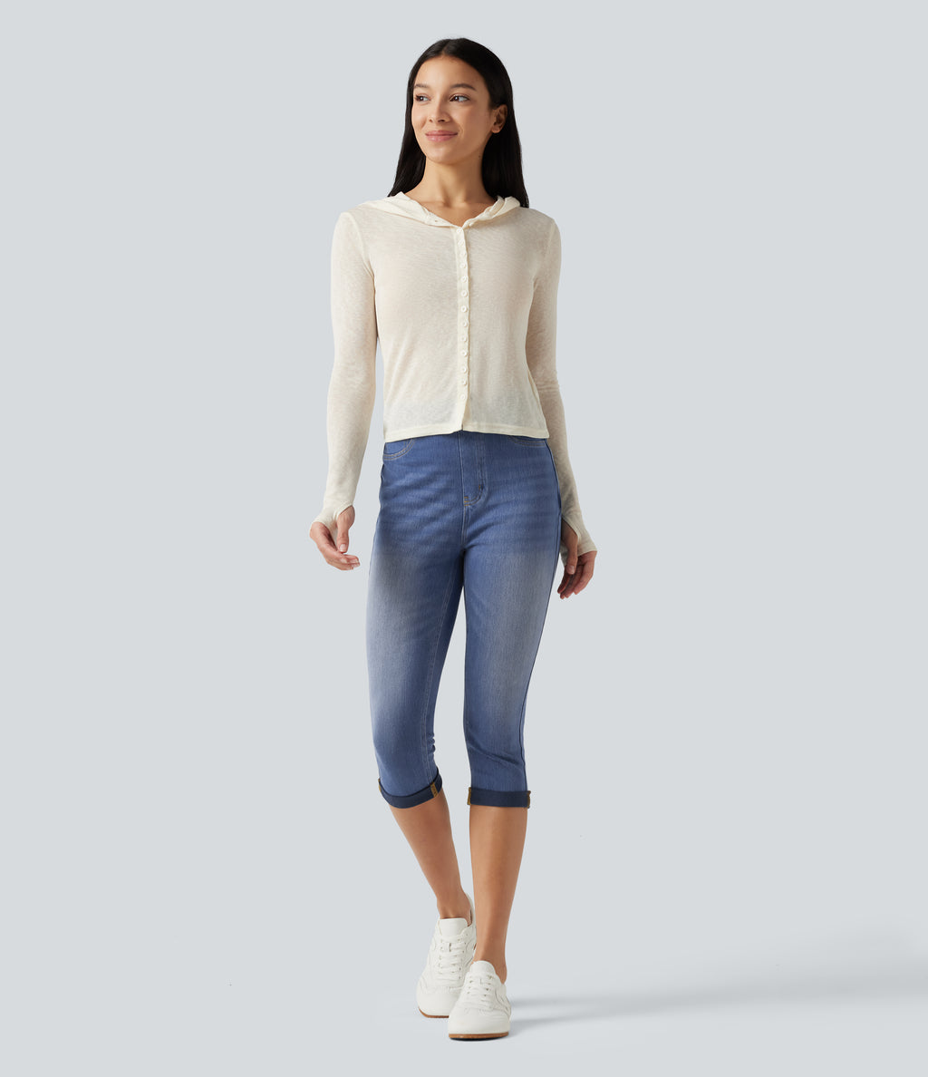 High Waisted Tummy Control Denim Capri Casual Leggings with Pockets — Blue Jasper Denim — view 7