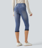 High Waisted Tummy Control Denim Capri Casual Leggings with Pockets — Blue Jasper Denim — view 2
