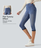 High Waisted Tummy Control Denim Capri Casual Leggings with Pockets — Blue Jasper Denim — view 1
