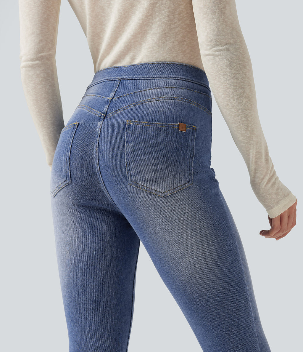 High Waisted Tummy Control Denim Capri Casual Leggings with Pockets — Blue Jasper Denim — view 4
