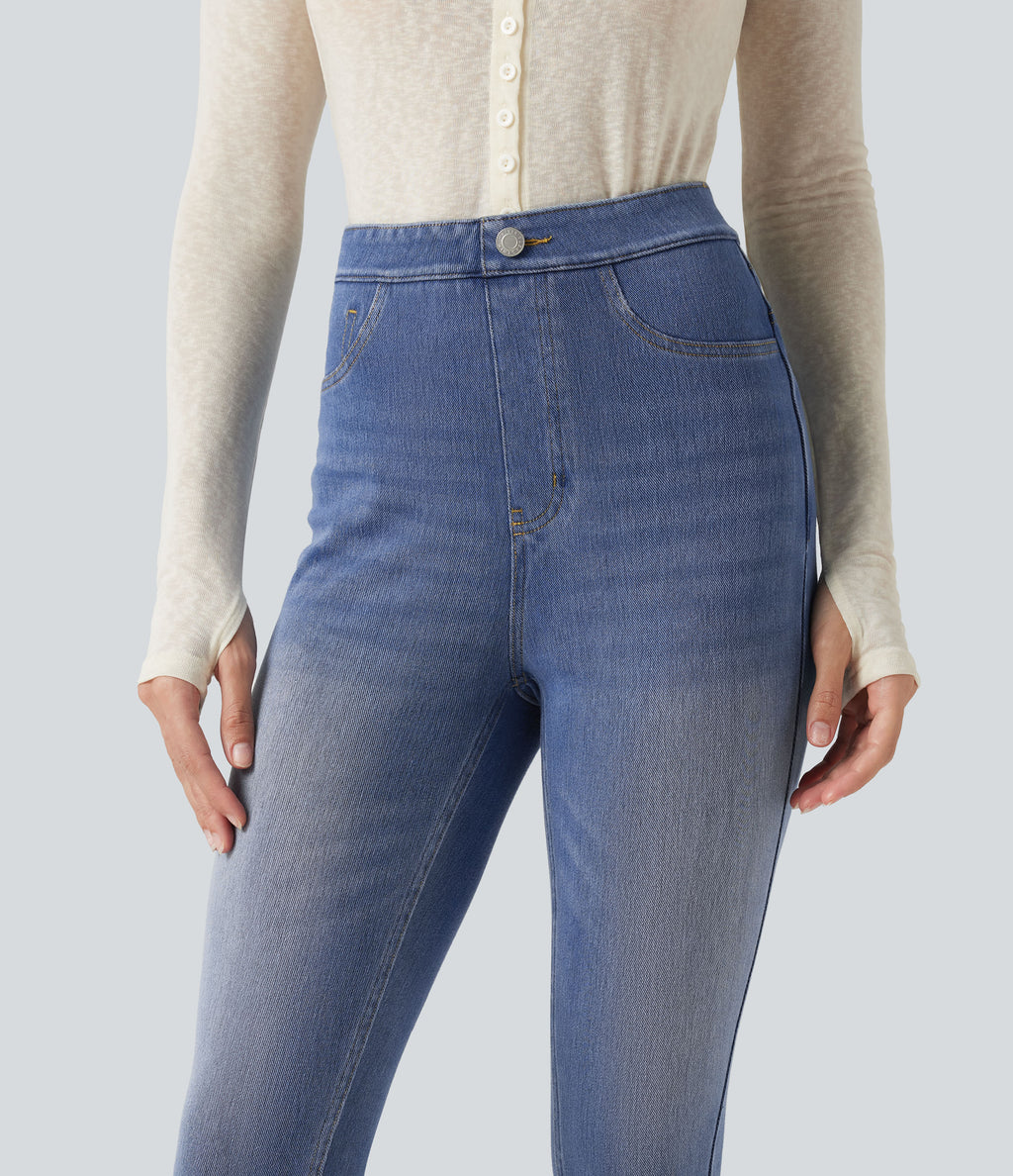 High Waisted Tummy Control Denim Capri Casual Leggings with Pockets — Blue Jasper Denim — view 5