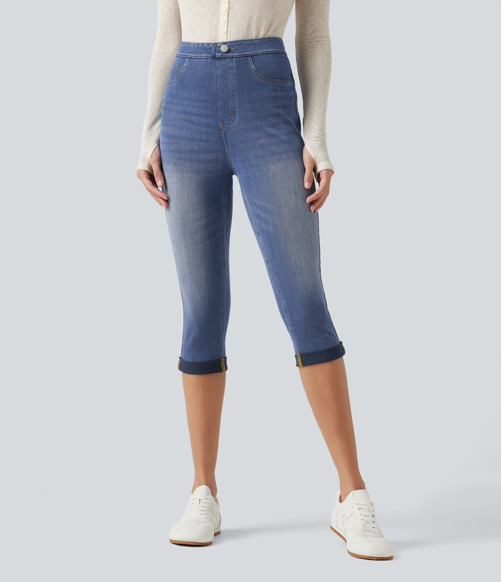 High Waisted Tummy Control Denim Capri Casual Leggings with Pockets — Blue Jasper Denim — view 3