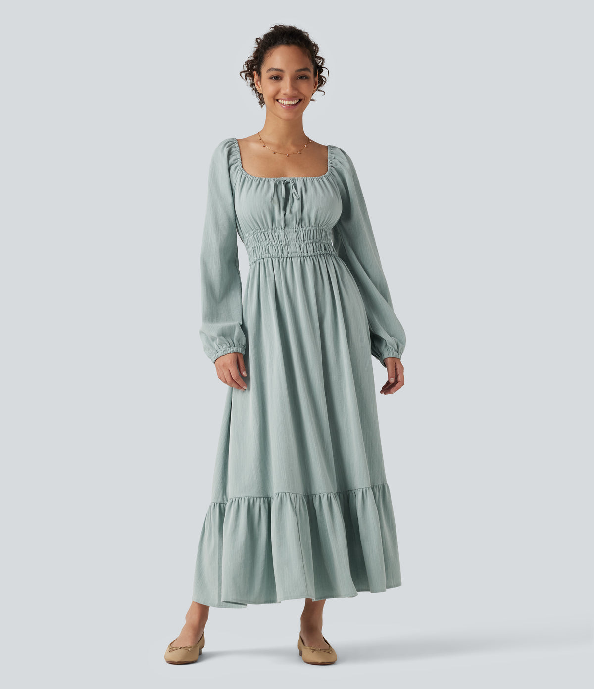 Square Neck Long Sleeve Tie Front Flowy Midi Casual Linen-Feel Dress — Silverwood Sage — view 3