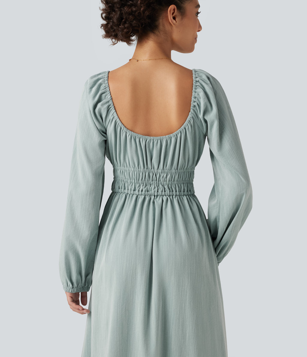 Square Neck Long Sleeve Tie Front Flowy Midi Casual Linen-Feel Dress — Silverwood Sage — view 5