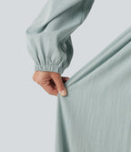 Square Neck Long Sleeve Tie Front Flowy Midi Casual Linen-Feel Dress — Silverwood Sage — view 7