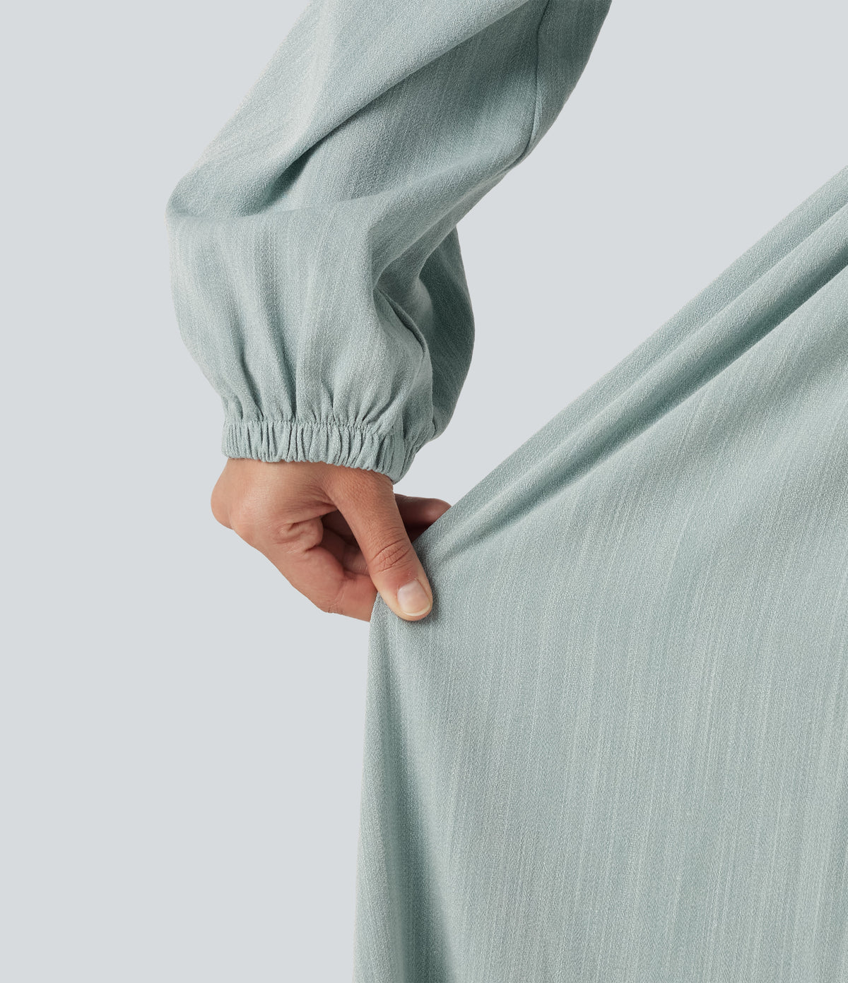 Square Neck Long Sleeve Tie Front Flowy Midi Casual Linen-Feel Dress — Silverwood Sage — view 7