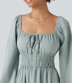 Square Neck Long Sleeve Tie Front Flowy Midi Casual Linen-Feel Dress — Silverwood Sage — view 4