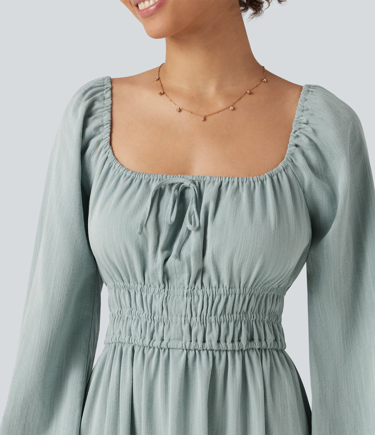 Square Neck Long Sleeve Tie Front Flowy Midi Casual Linen-Feel Dress — Silverwood Sage — view 4