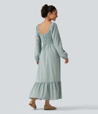 Square Neck Long Sleeve Tie Front Flowy Midi Casual Linen-Feel Dress — Silverwood Sage — view 2