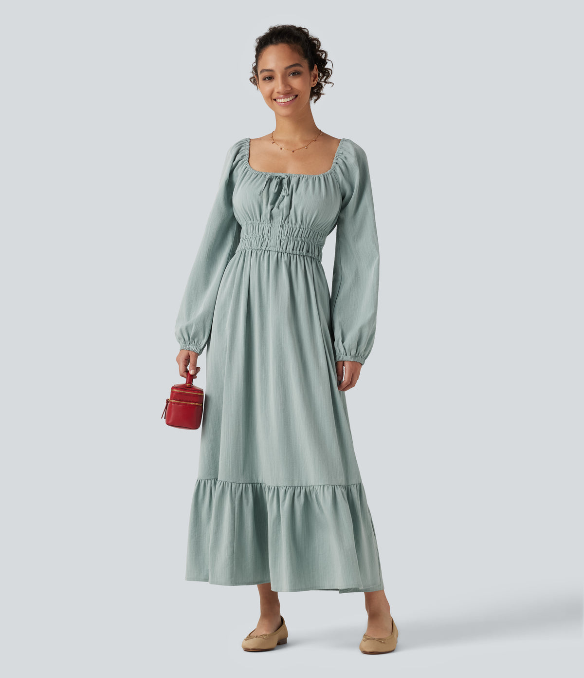 Square Neck Long Sleeve Tie Front Flowy Midi Casual Linen-Feel Dress — Silverwood Sage — view 8