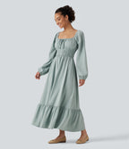 Square Neck Long Sleeve Tie Front Flowy Midi Casual Linen-Feel Dress — Silverwood Sage — view 1