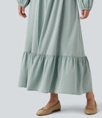 Square Neck Long Sleeve Tie Front Flowy Midi Casual Linen-Feel Dress — Silverwood Sage — view 6