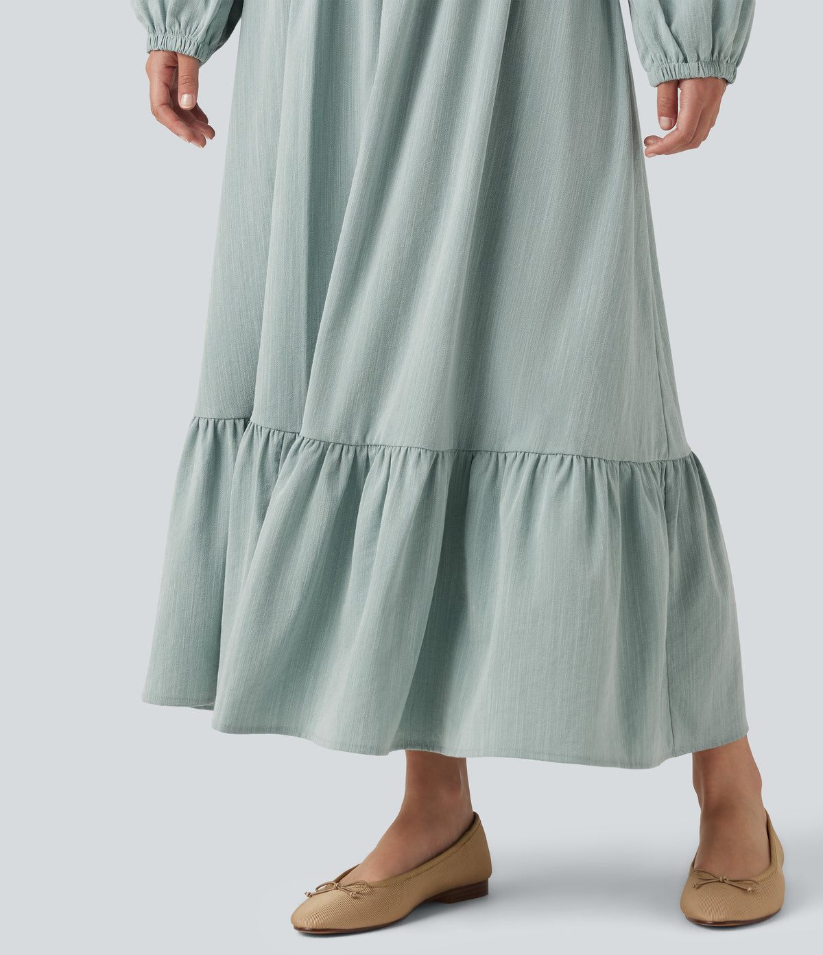 Square Neck Long Sleeve Tie Front Flowy Midi Casual Linen-Feel Dress — Silverwood Sage — view 6