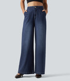 High Waisted Wide Leg Casual Jeans with Pockets — Estate Blue Denim — view 1