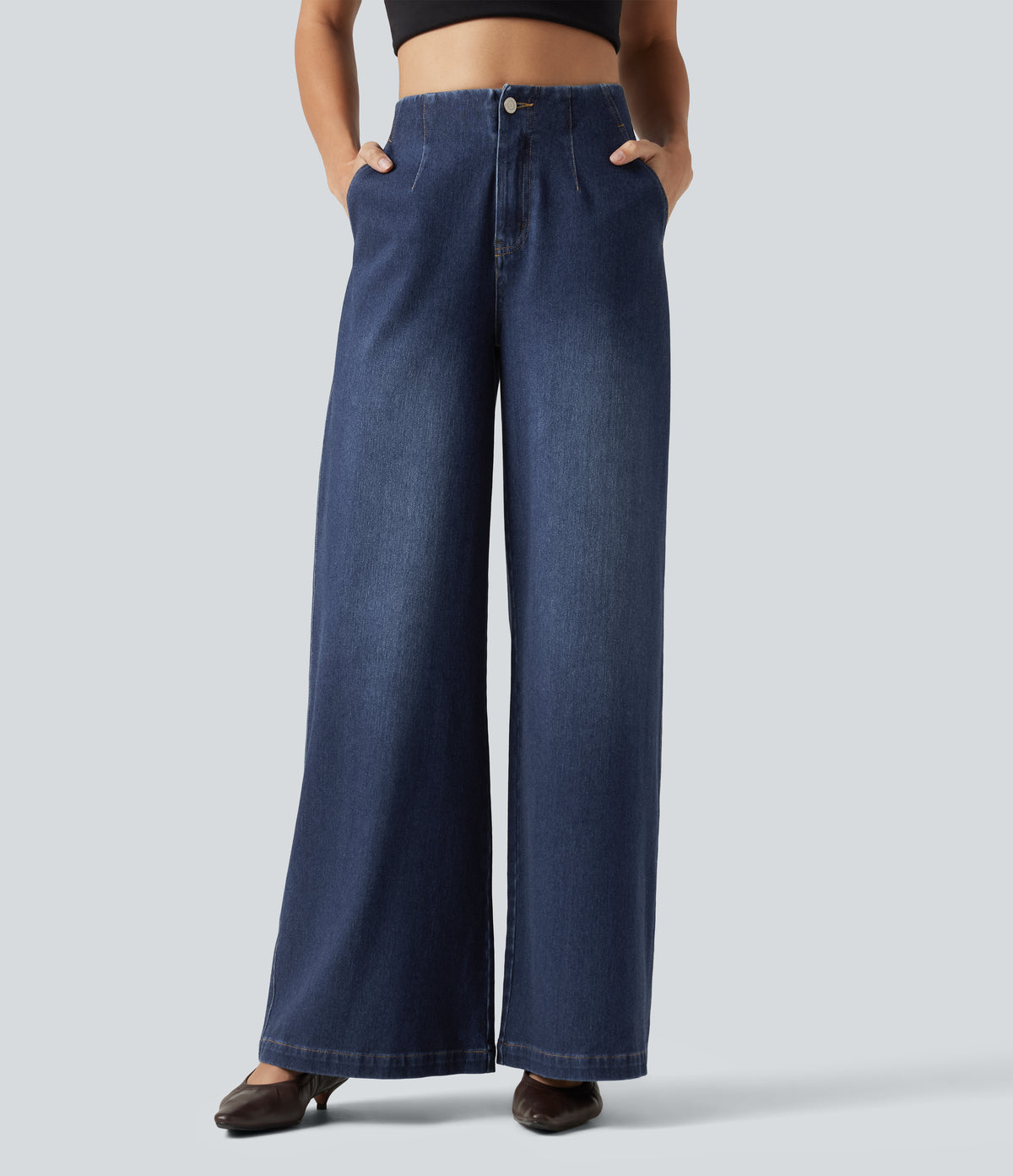 High Waisted Wide Leg Casual Jeans with Pockets — Estate Blue Denim — view 1