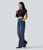 High Waisted Wide Leg Casual Jeans with Pockets — Estate Blue Denim — view 7